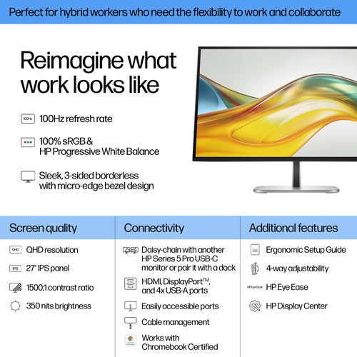 HP S5 Pro 527pq 27" IPS QuadHD Monitor Refurbished | 2560x1440 | HDMI | DisplayPort | VESA Mount | 12M Garantie